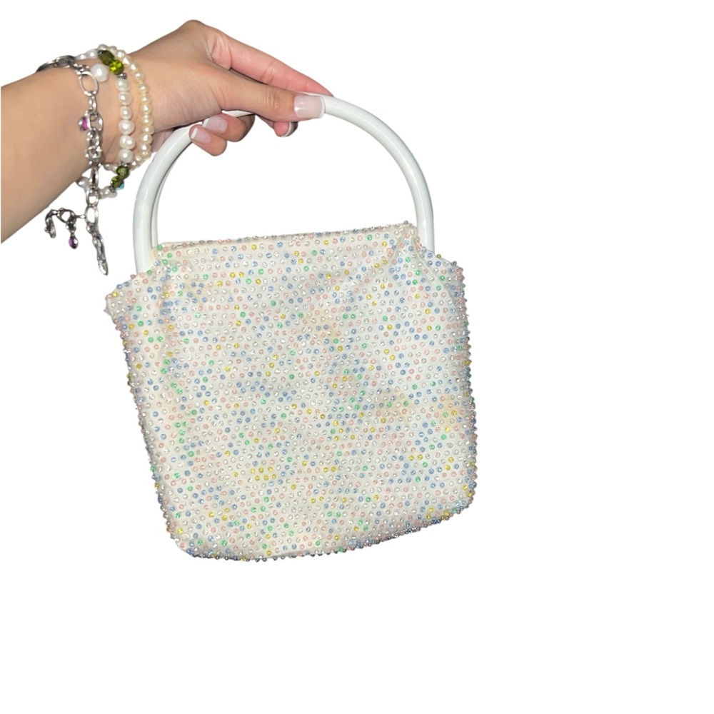 Vintage Pastel Beaded Mini Bag White Rainbow Iridescent Top Handle Purse